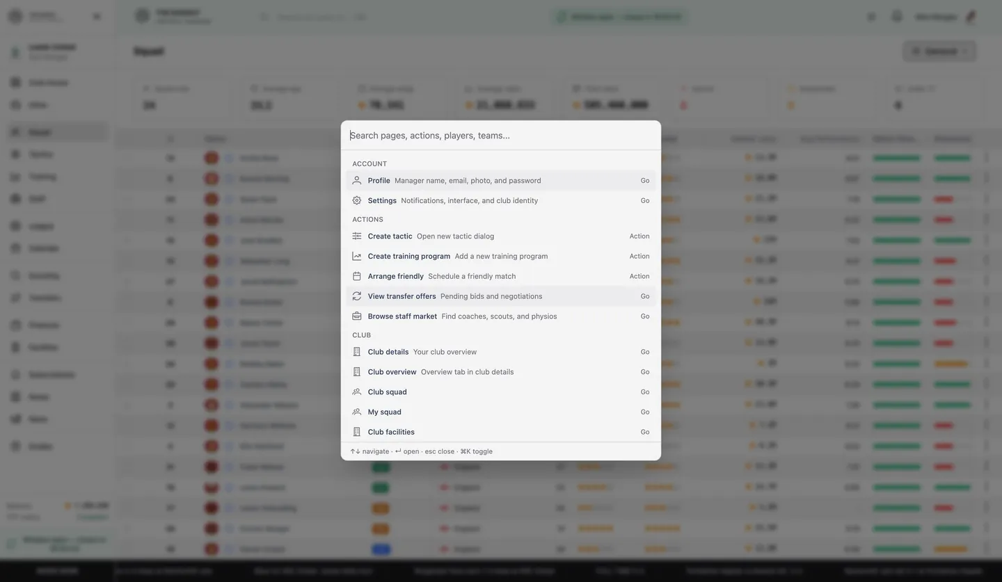 Command palette for fast navigation across club screens