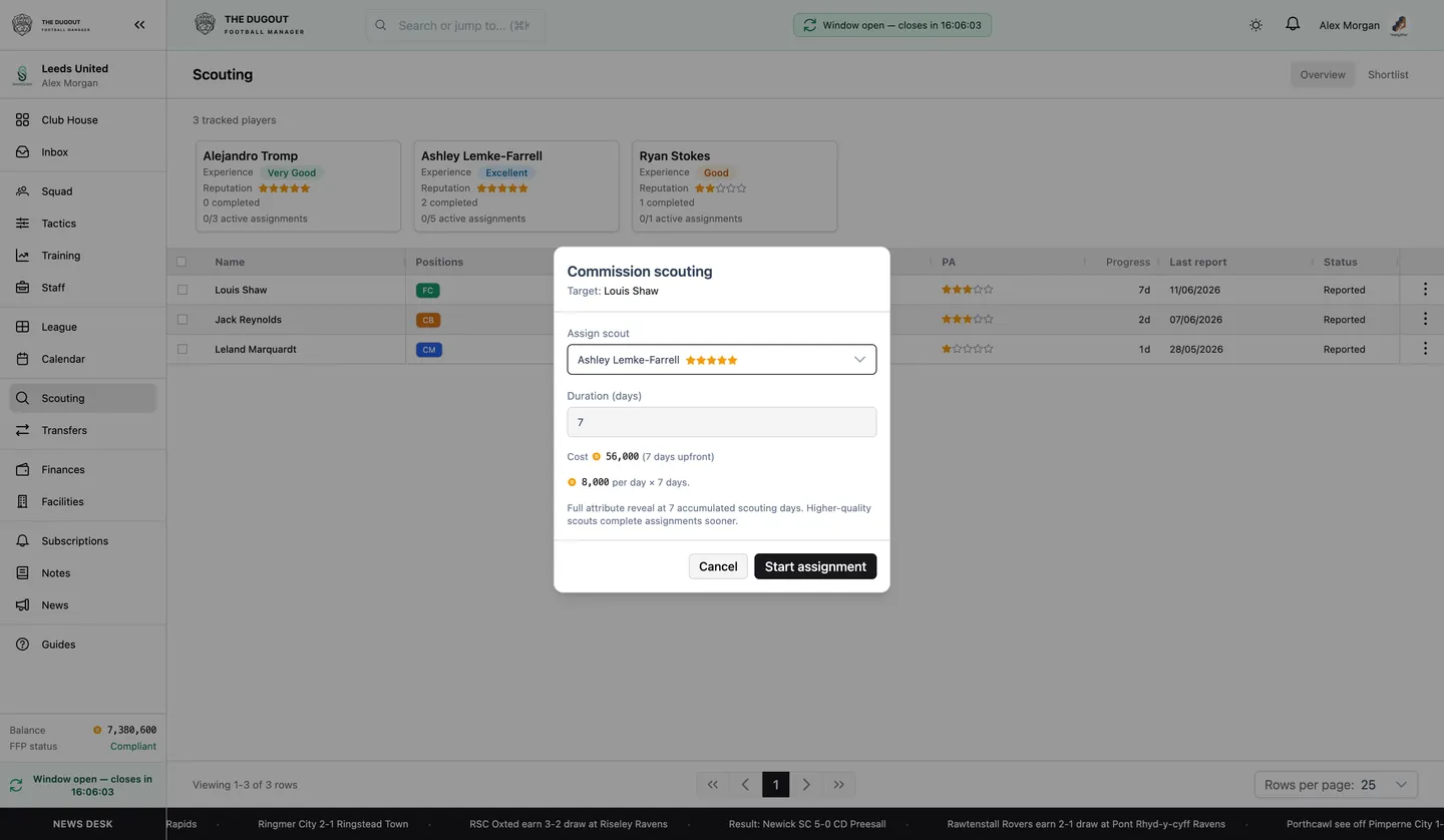 Scouting interface with transfer targets and knowledge levels