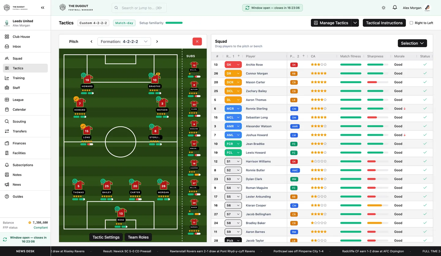Tactics screen showing formation and lineup setup