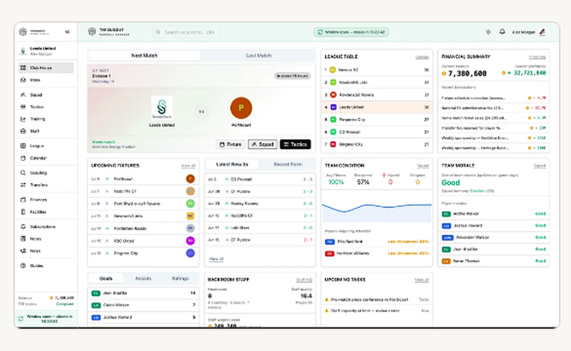 Clubhouse — next match, table, finances, team condition